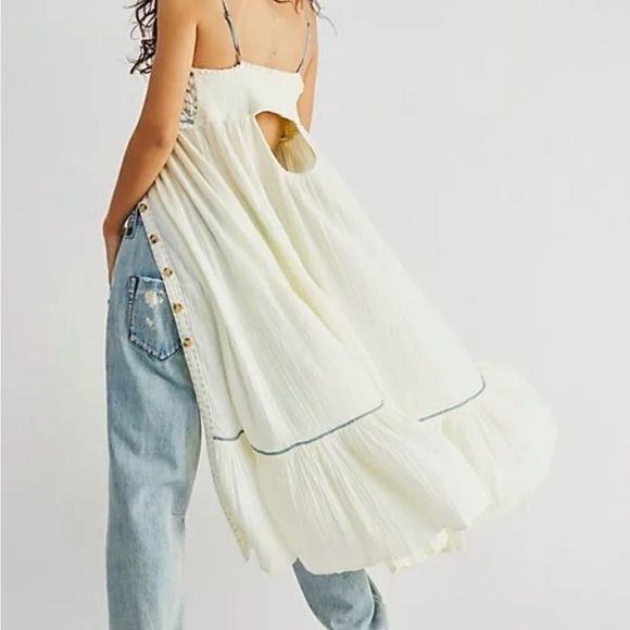 Free People Linda Jo Midi Dress Ruffled Hem SmockTop Button Up Ivory Blue Green - Picture 4 of 7